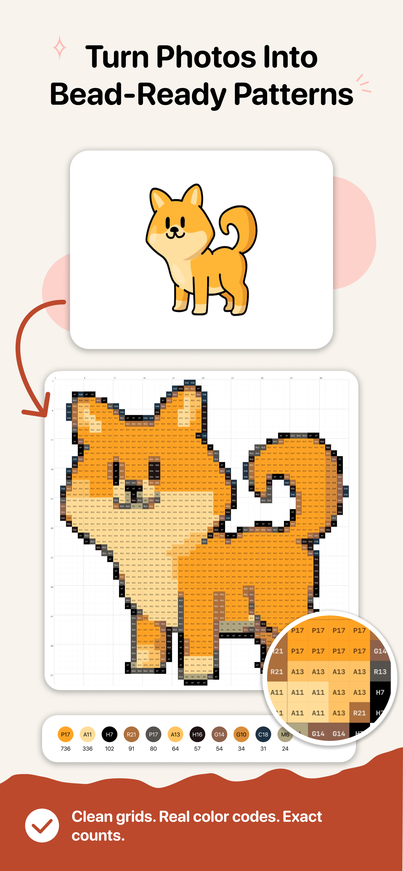 BeadChick turns a dog picture into a labeled bead pattern